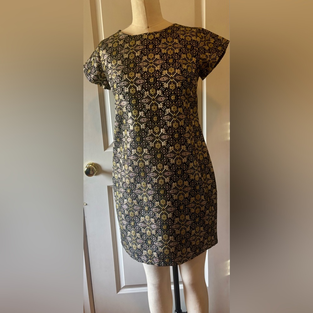 Black and Gold Puff Sleeve Sheath Midi Dress